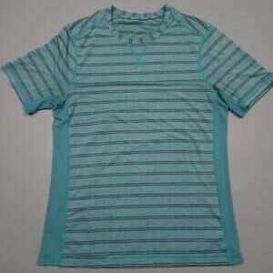 Lululemon T.H.E. Crew Green Blue Striped Athletic Side Vent T Shirt Medium